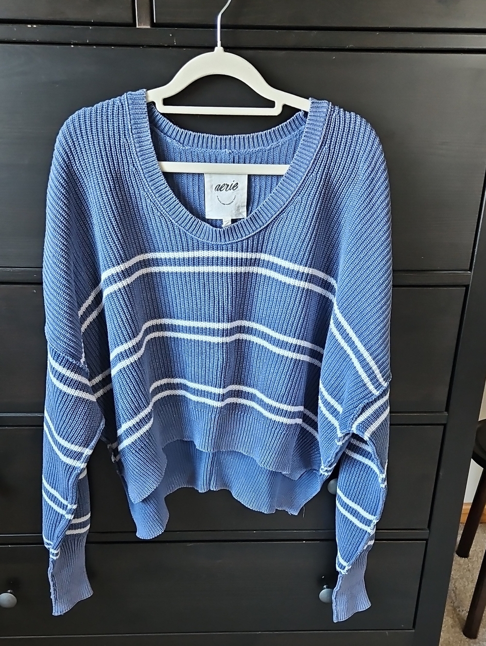 aerie Blue & White Striped Cropped Crewneck Sweater